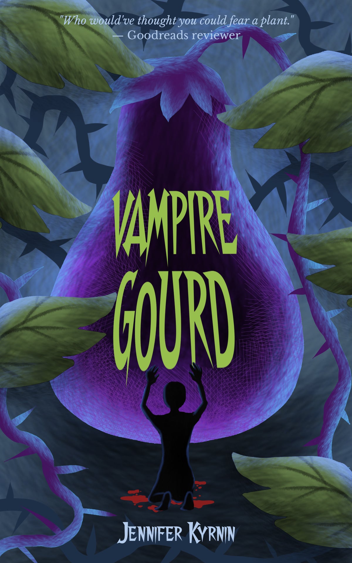 Book cover for 'Vampire Gourd' by Jennifer Kyrnin, featuring a giant purple gourd with thorny vines and a small black silhouette of a person underneath, with green title text.